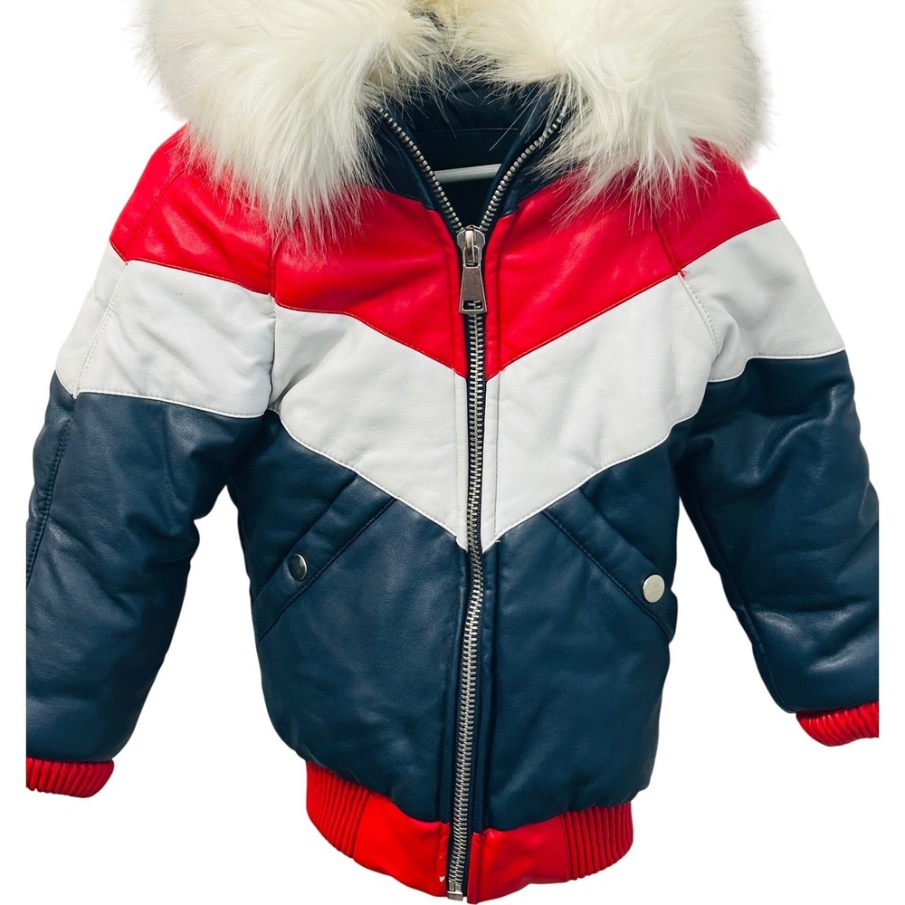 Robert Phillipe Kids Chevron Faux Leather Puffer Jacket White Fur Hood Size 4